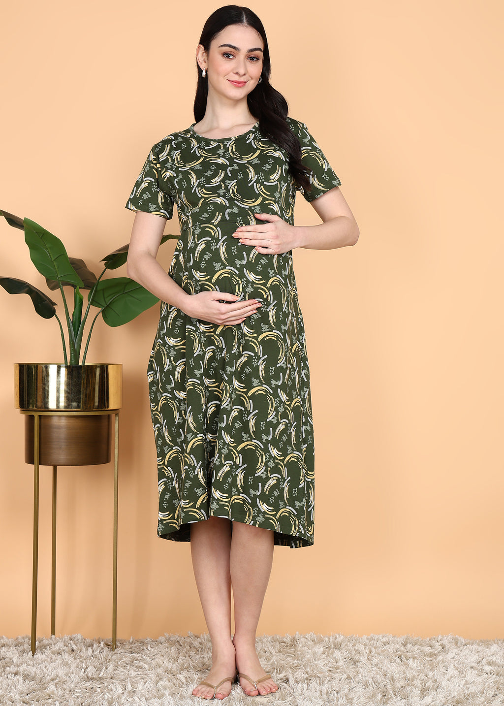 OliveGreen-KnittedCotton-Maternity-Loungewear-Dress