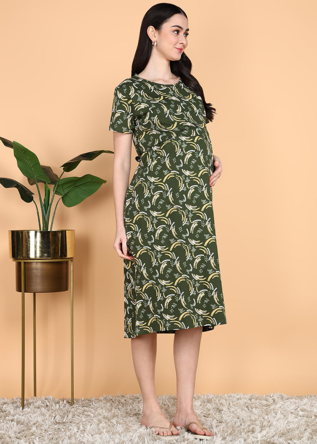 OliveGreen-KnittedCotton-Maternity-Loungewear-Dress