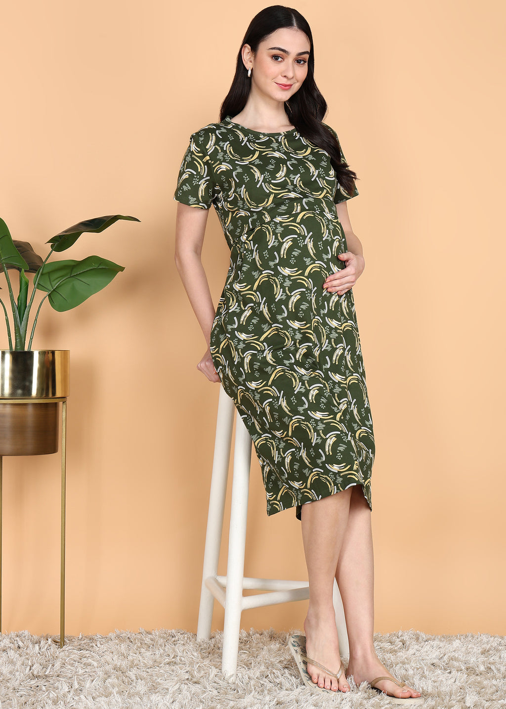 OliveGreen-KnittedCotton-Maternity-Loungewear-Dress