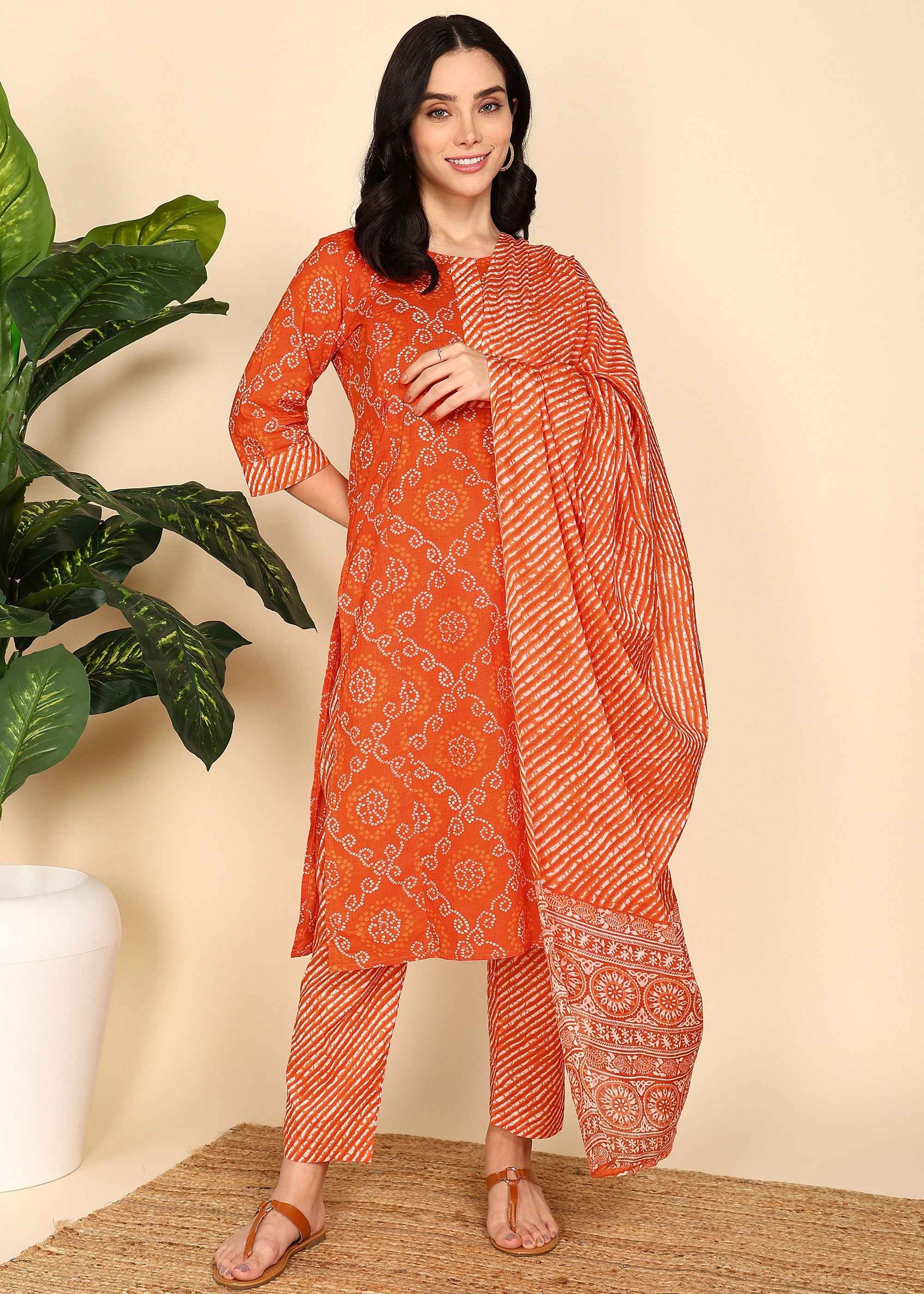 Orange Bandhani Pure Cotton Straight Feeding Kurta Set with Dupatta