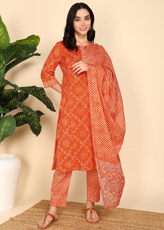 Orange-Bandhani-PureCotton-Straight-Feeding-KurtaSet-with-Dupatta