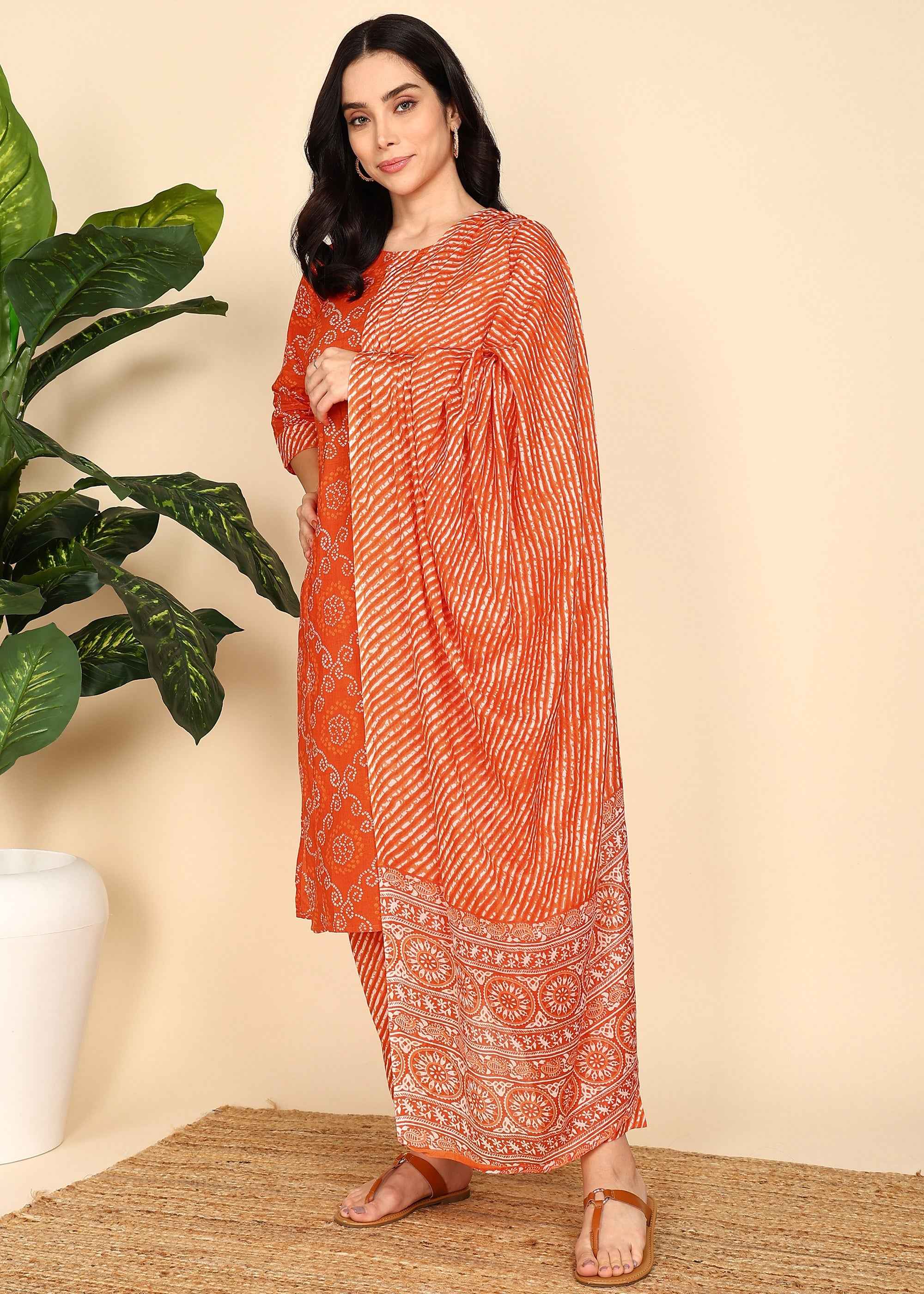 Orange Bandhani Pure Cotton Straight Feeding Kurta Set with Dupatta