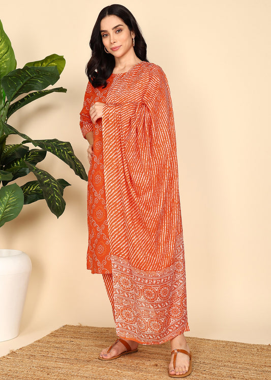 Orange-Bandhani-PureCotton-Straight-Feeding-KurtaSet-with-Dupatta