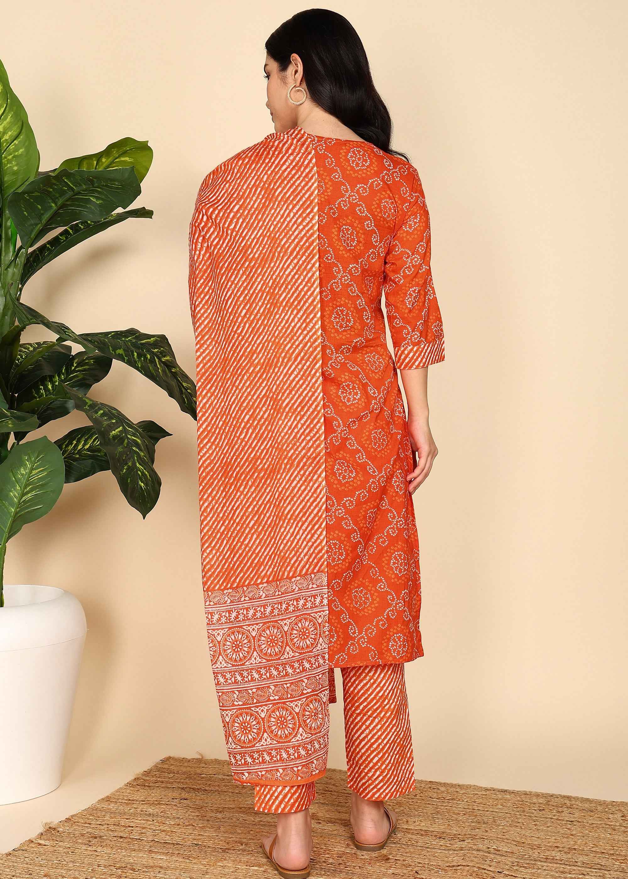 Orange Bandhani Pure Cotton Straight Feeding Kurta Set with Dupatta