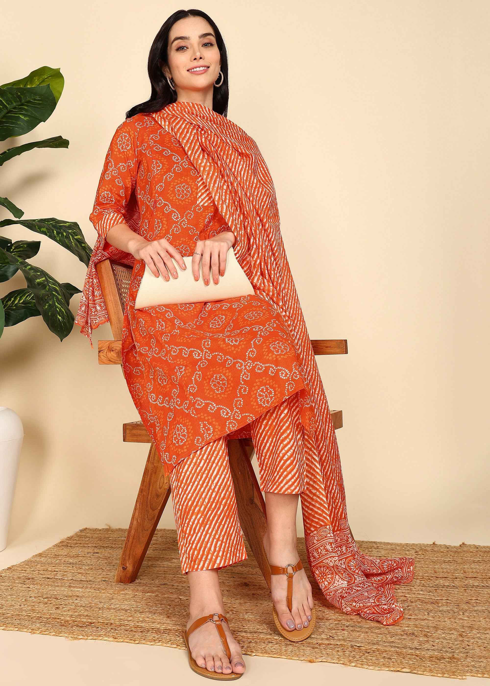 Orange Bandhani Pure Cotton Straight Feeding Kurta Set with Dupatta