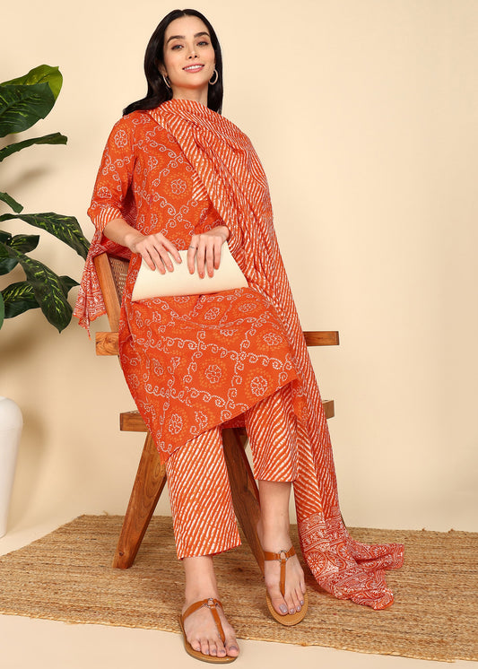 Orange-Bandhani-PureCotton-Straight-Feeding-KurtaSet-with-Dupatta