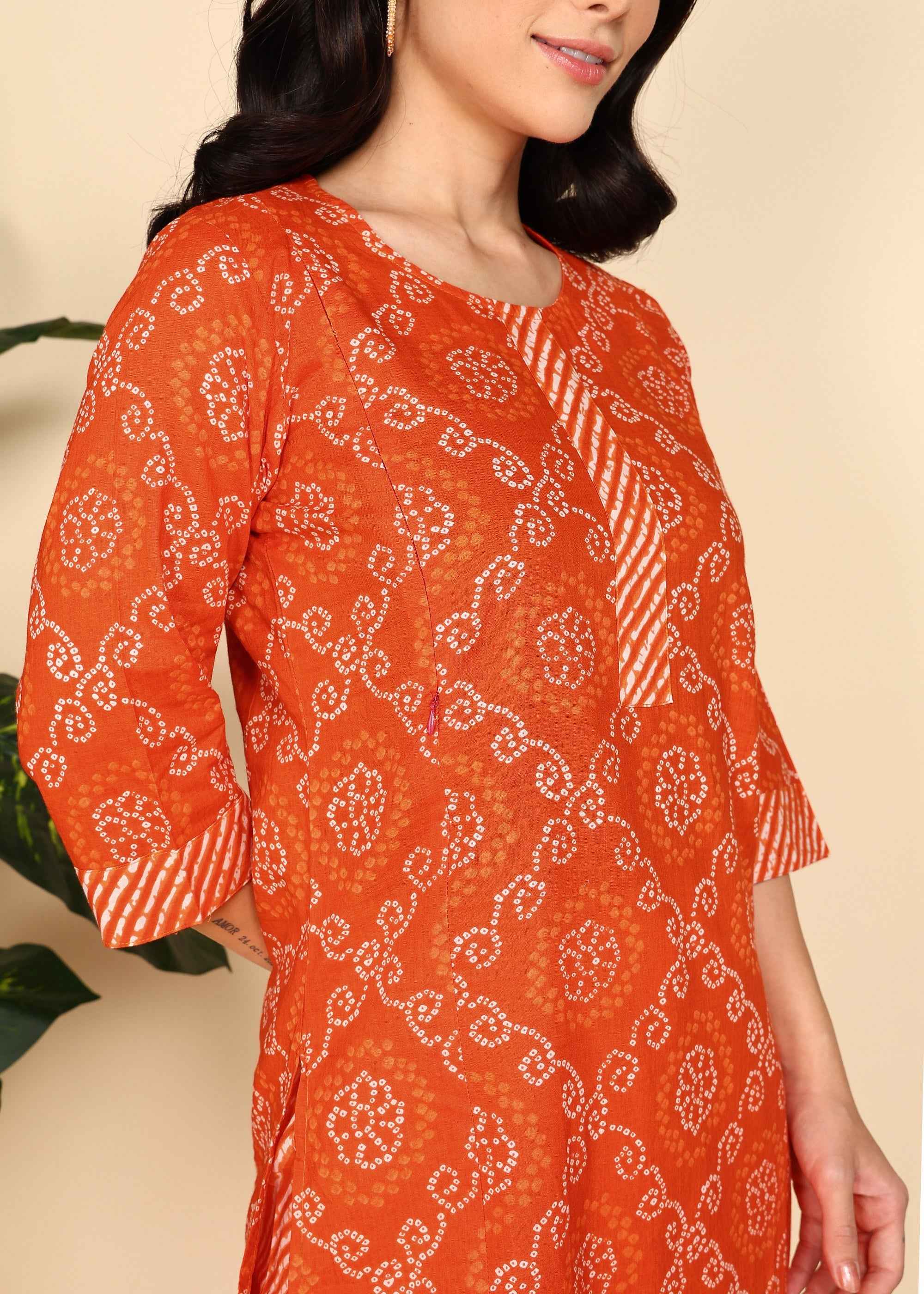 Orange Bandhani Pure Cotton Straight Feeding Kurta Set with Dupatta