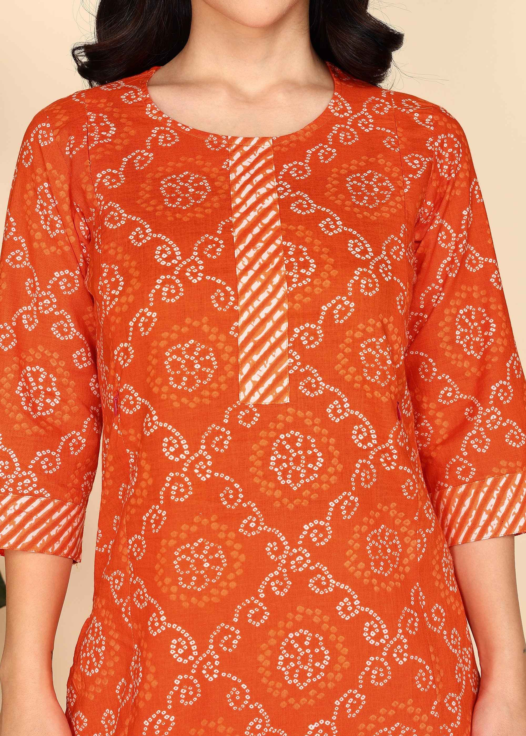 Orange Bandhani Pure Cotton Straight Feeding Kurta Set with Dupatta