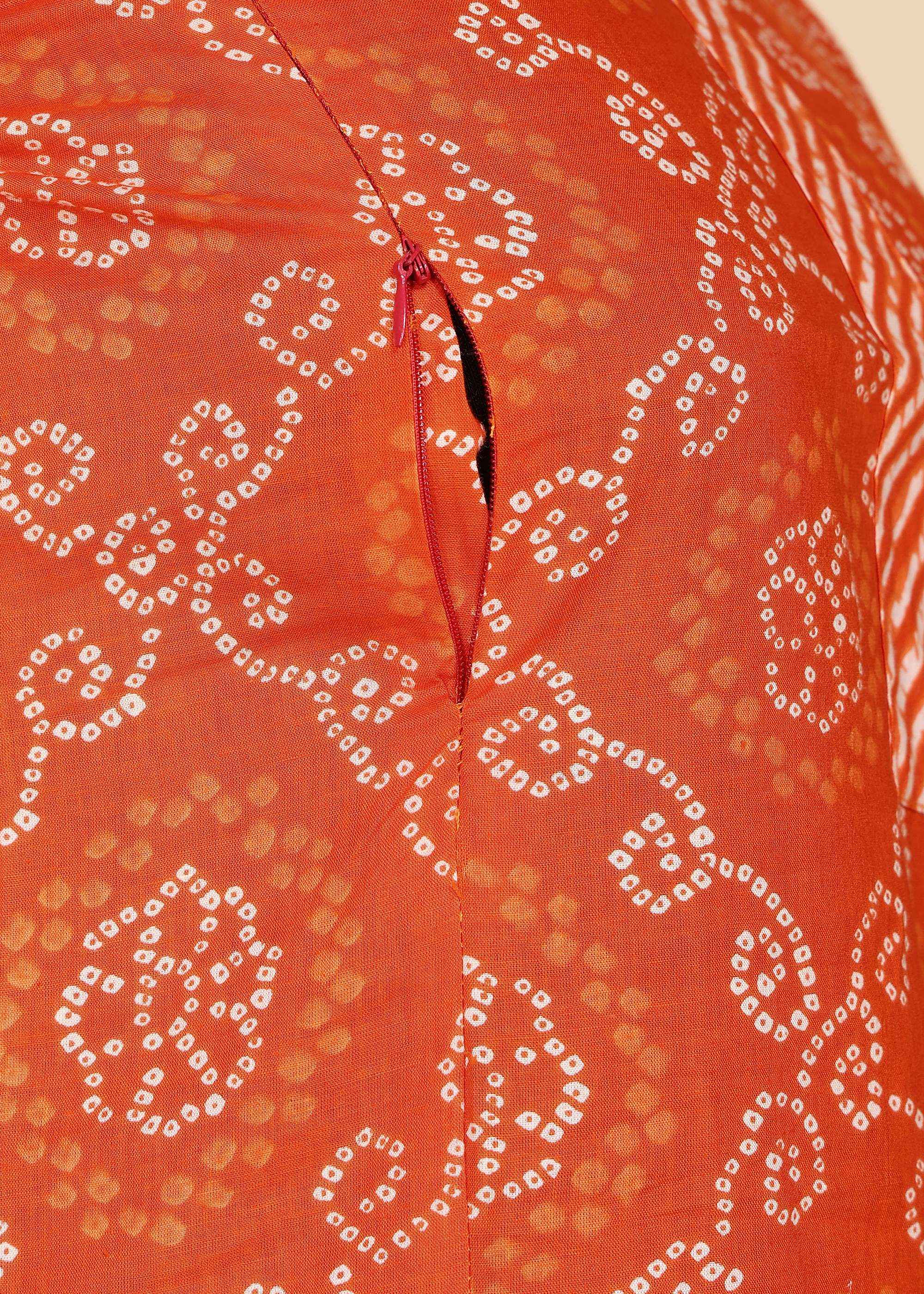 Orange Bandhani Pure Cotton Straight Feeding Kurta Set with Dupatta