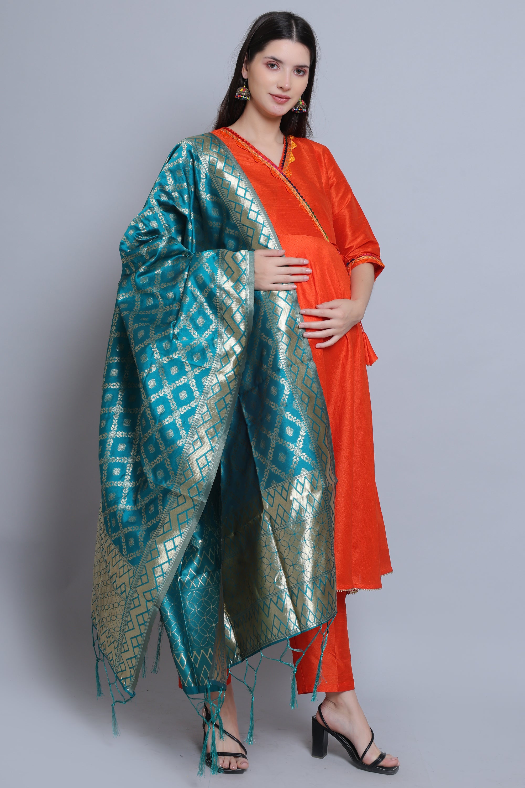 Orange-Festive-Maternity-Feeding-KurtaSet-Dupatta