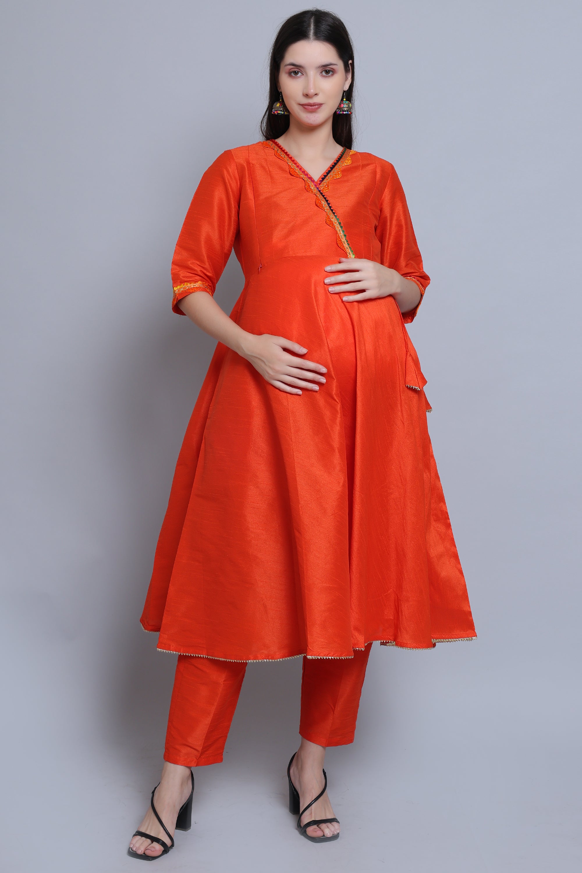 Orange-Festive-Maternity-Feeding-KurtaSet-Dupatta