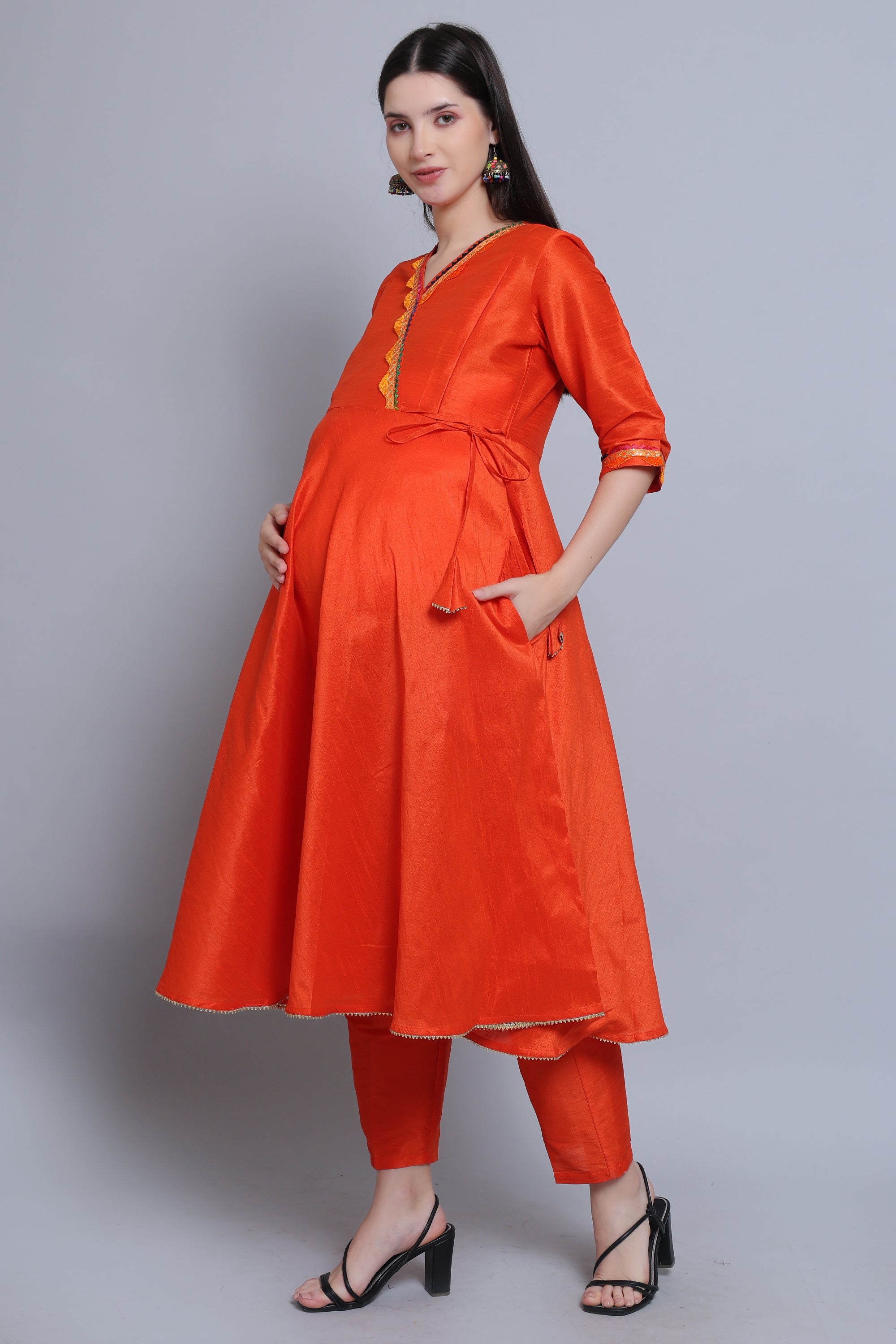 Orange-Festive-Maternity-Feeding-KurtaSet-Dupatta