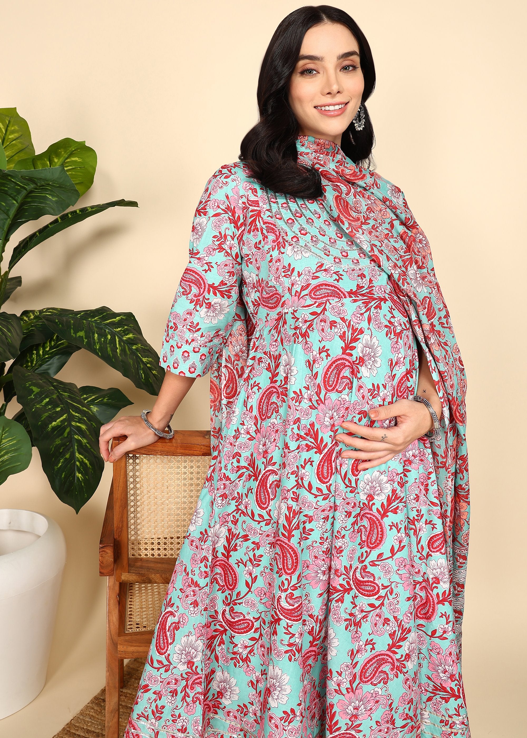 PastelTeal-Printed-Maternity-Feeding-KurtaSet-Dupatta