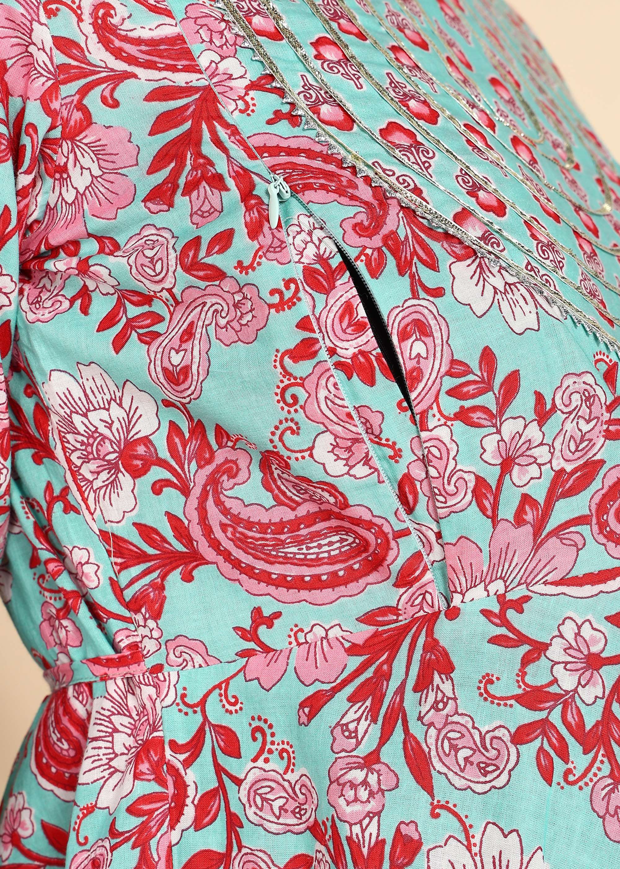 PastelTeal-Printed-Maternity-Feeding-KurtaSet-Dupatta