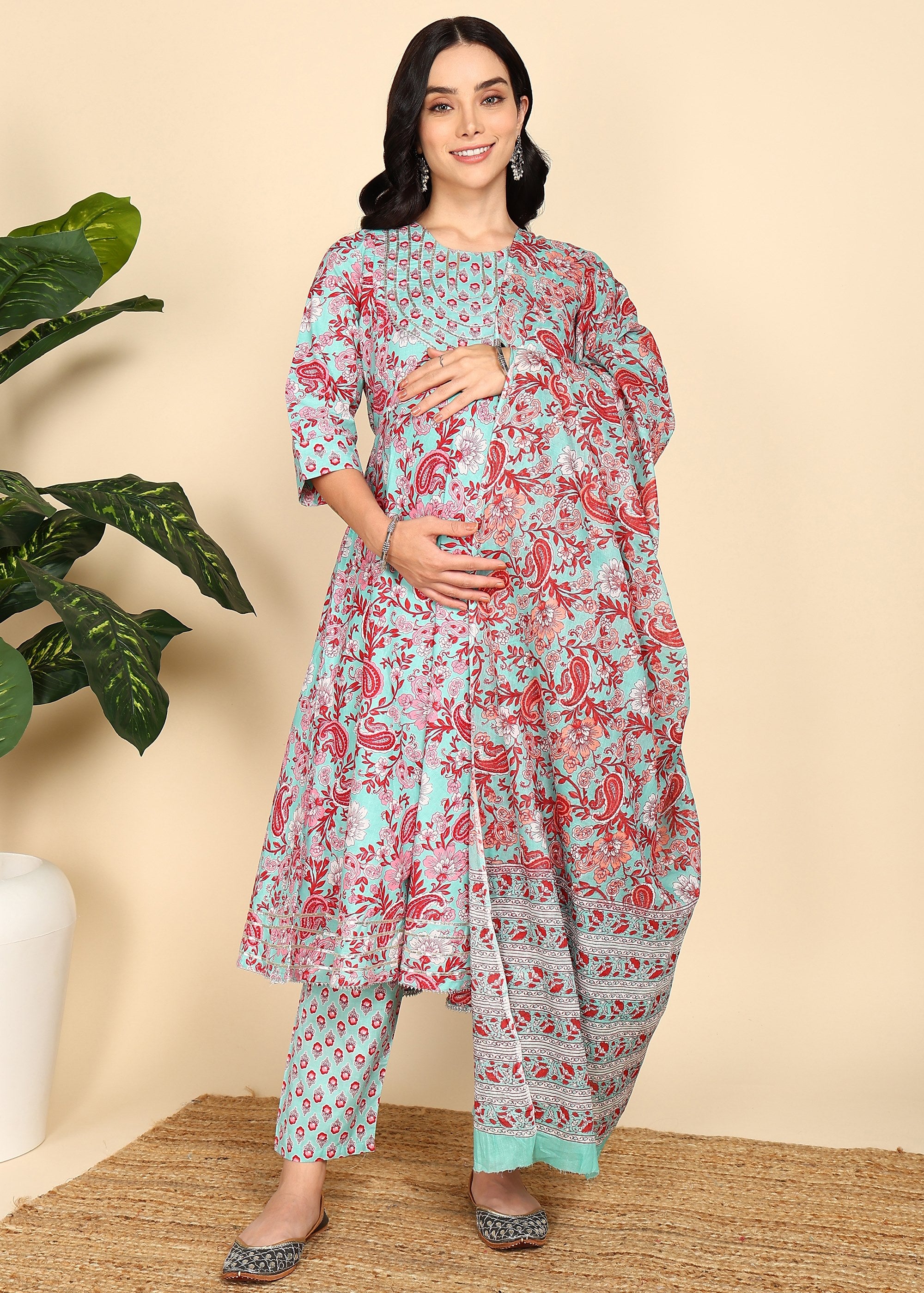 PastelTeal-Printed-Maternity-Feeding-KurtaSet-Dupatta