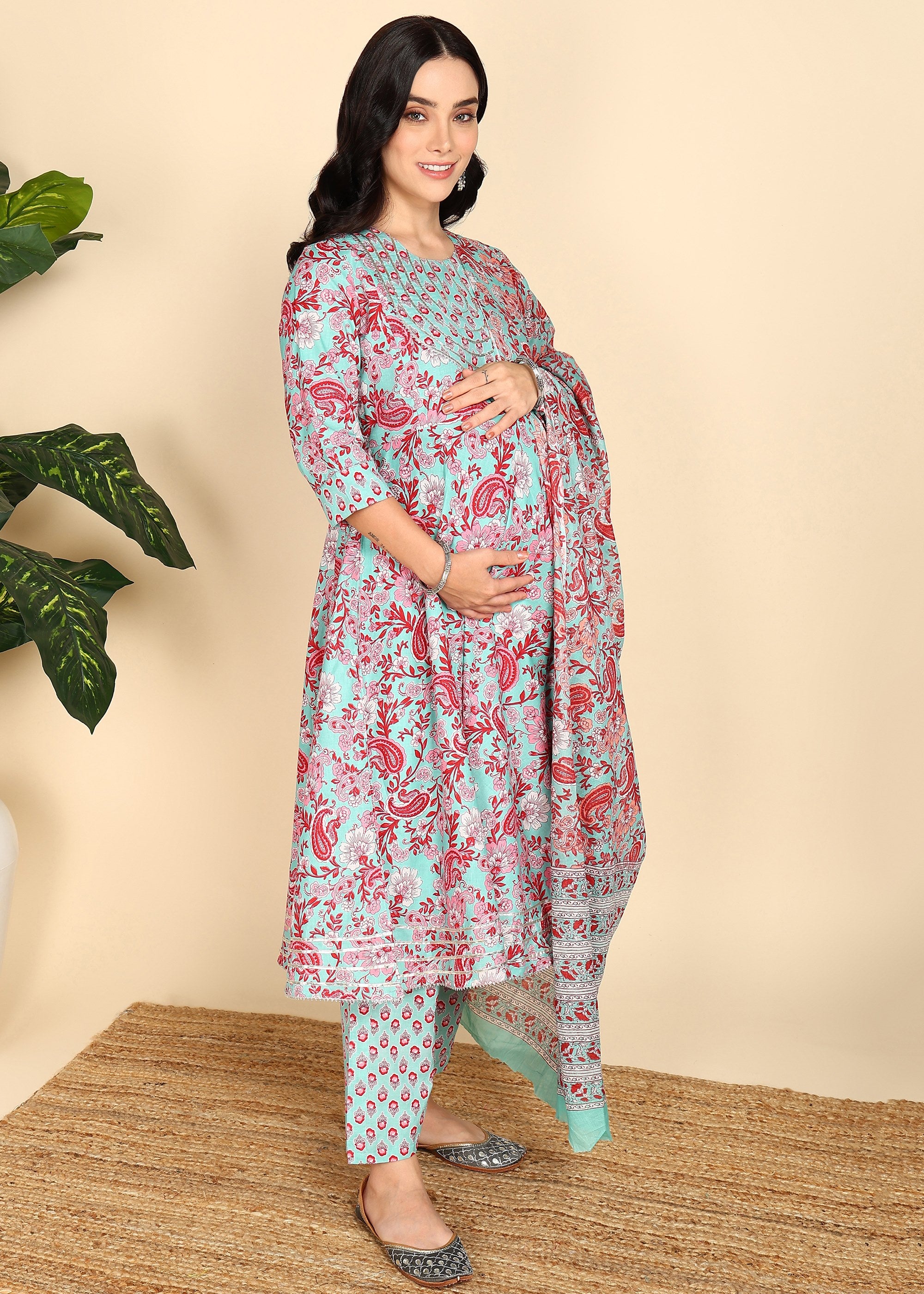 PastelTeal-Printed-Maternity-Feeding-KurtaSet-Dupatta