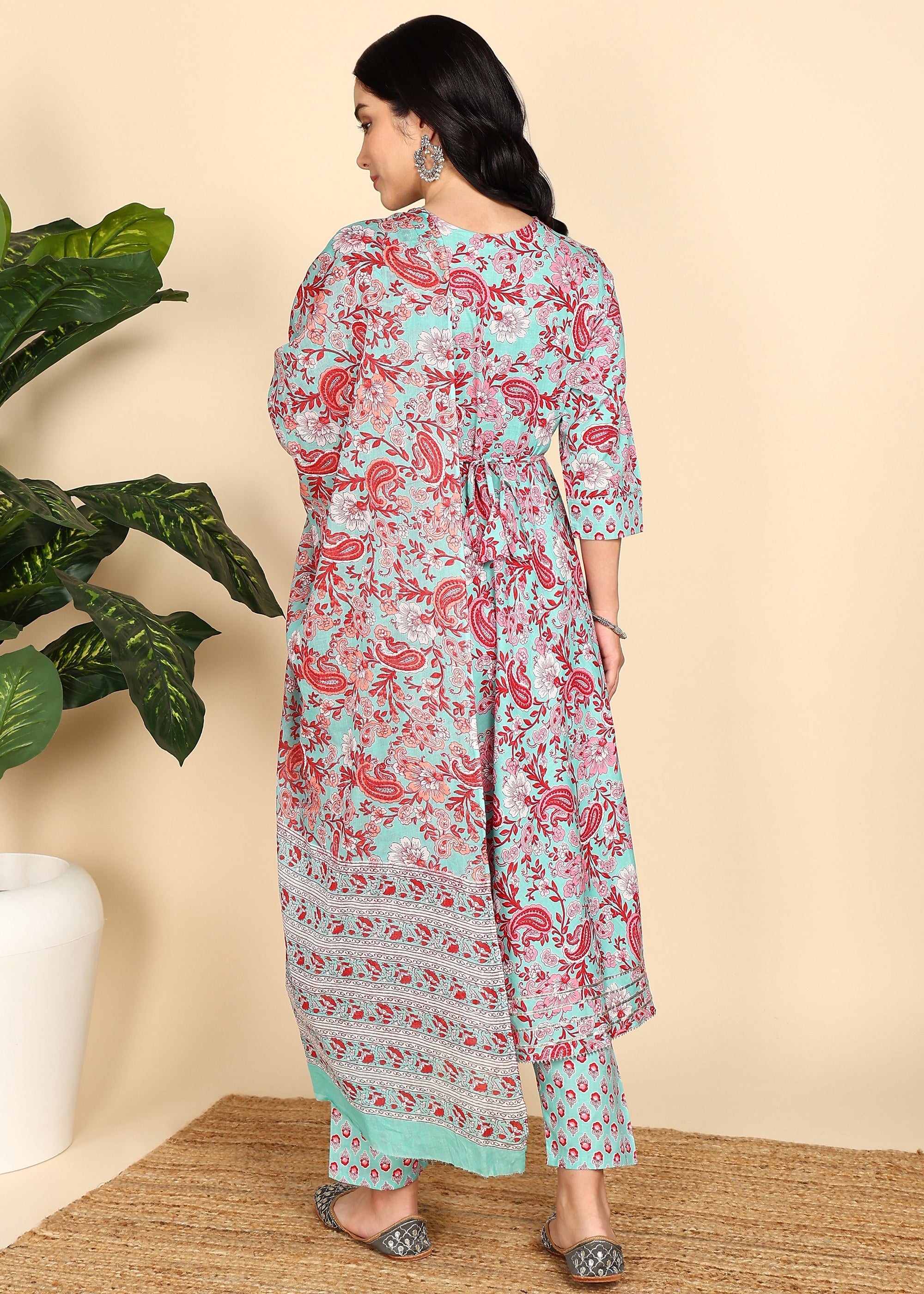 PastelTeal-Printed-Maternity-Feeding-KurtaSet-Dupatta