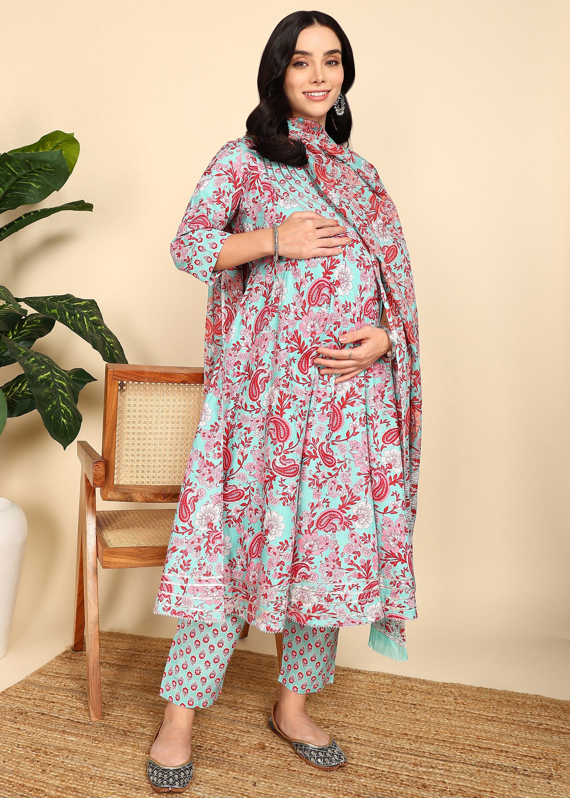 PastelTeal-Printed-Maternity-Feeding-KurtaSet-Dupatta