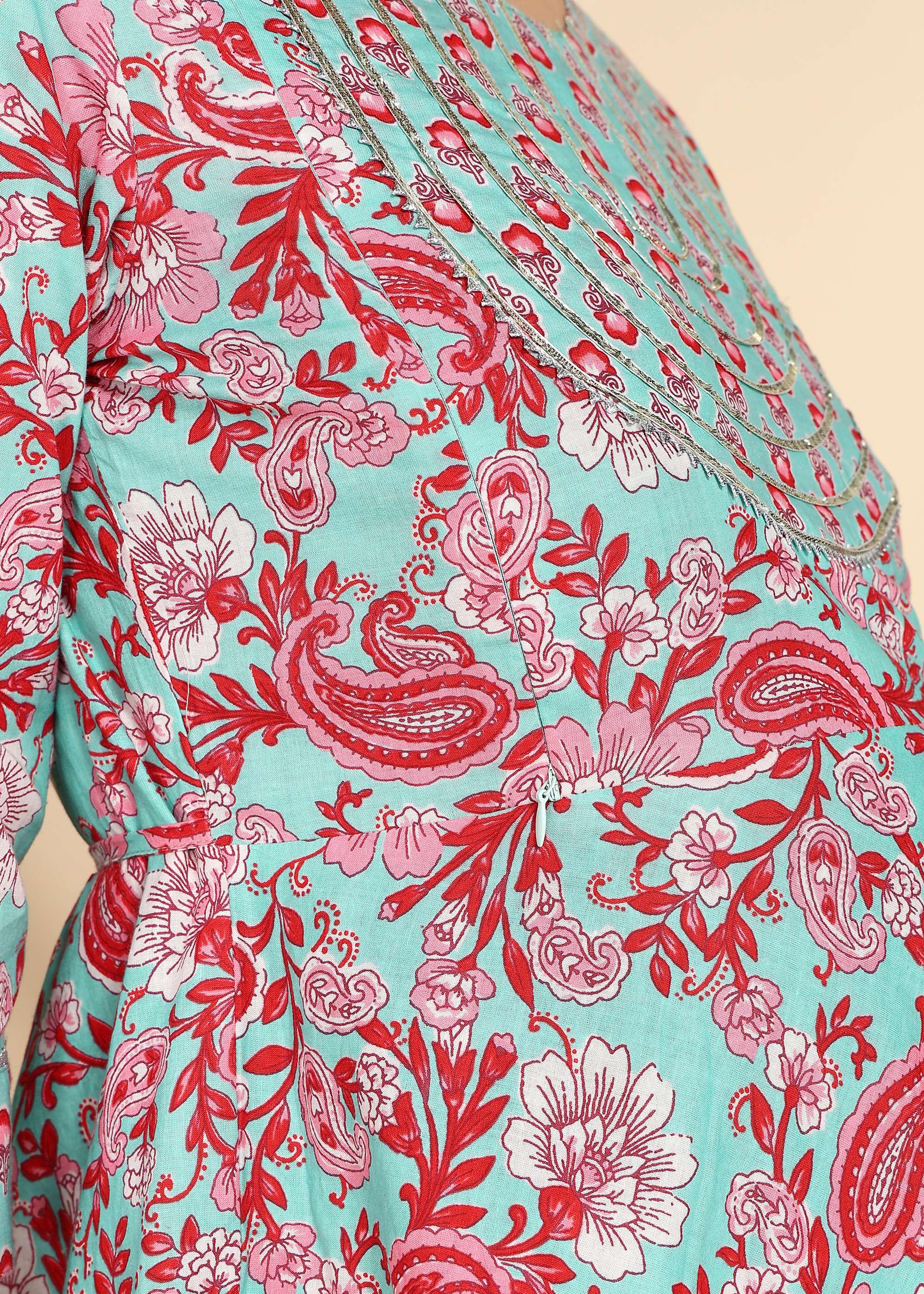 PastelTeal-Printed-Maternity-Feeding-KurtaSet-Dupatta