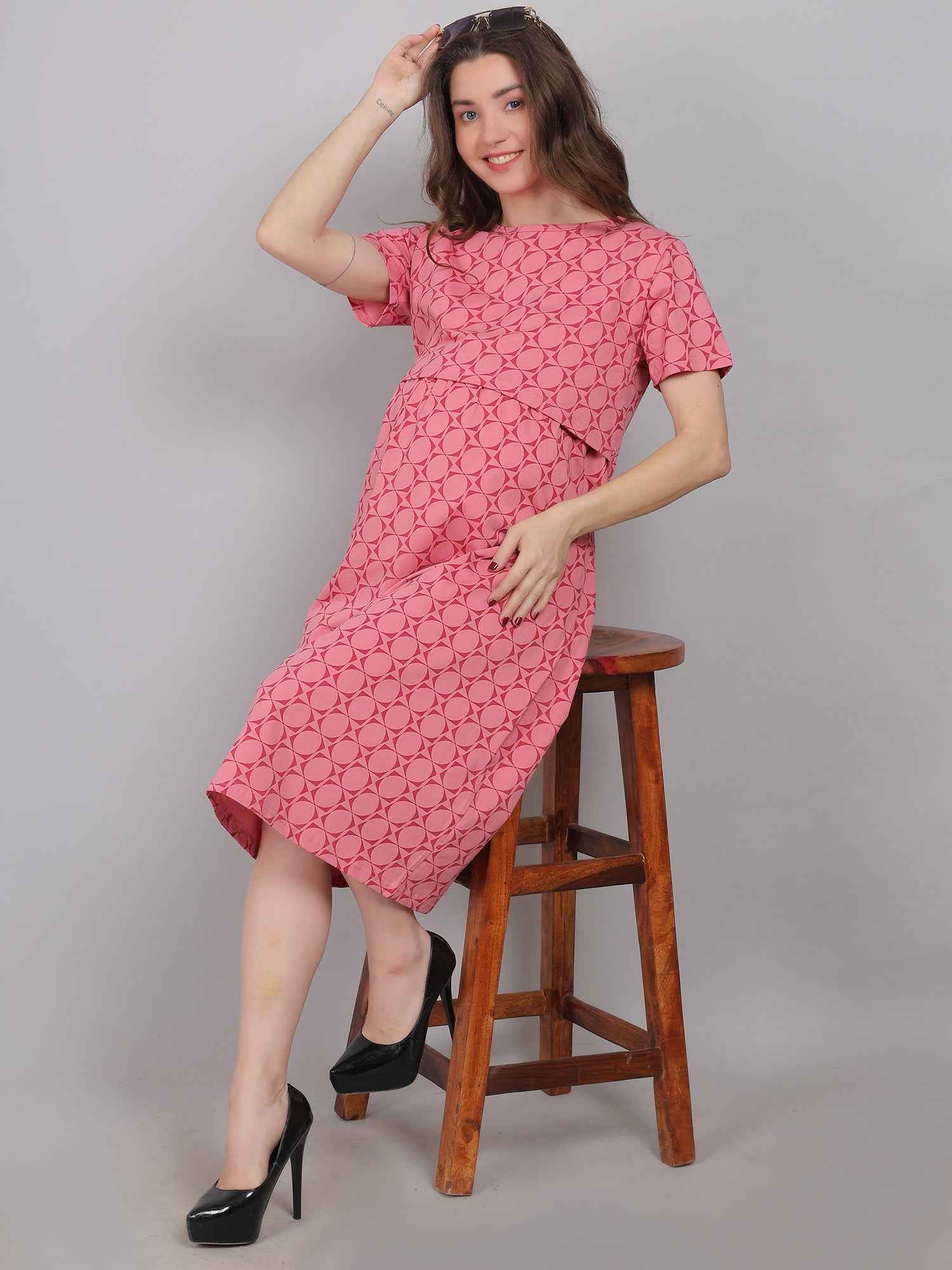 Pink Knitted Cotton Maternity Loungewear Dress
