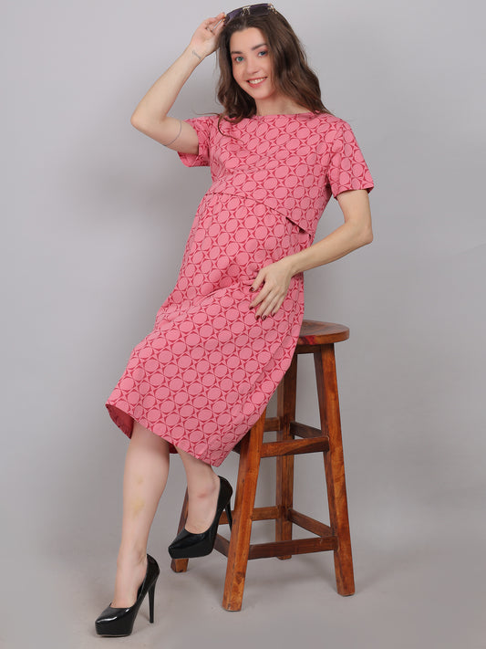 Pink-KnittedCotton-Maternity-Loungewear-Dress