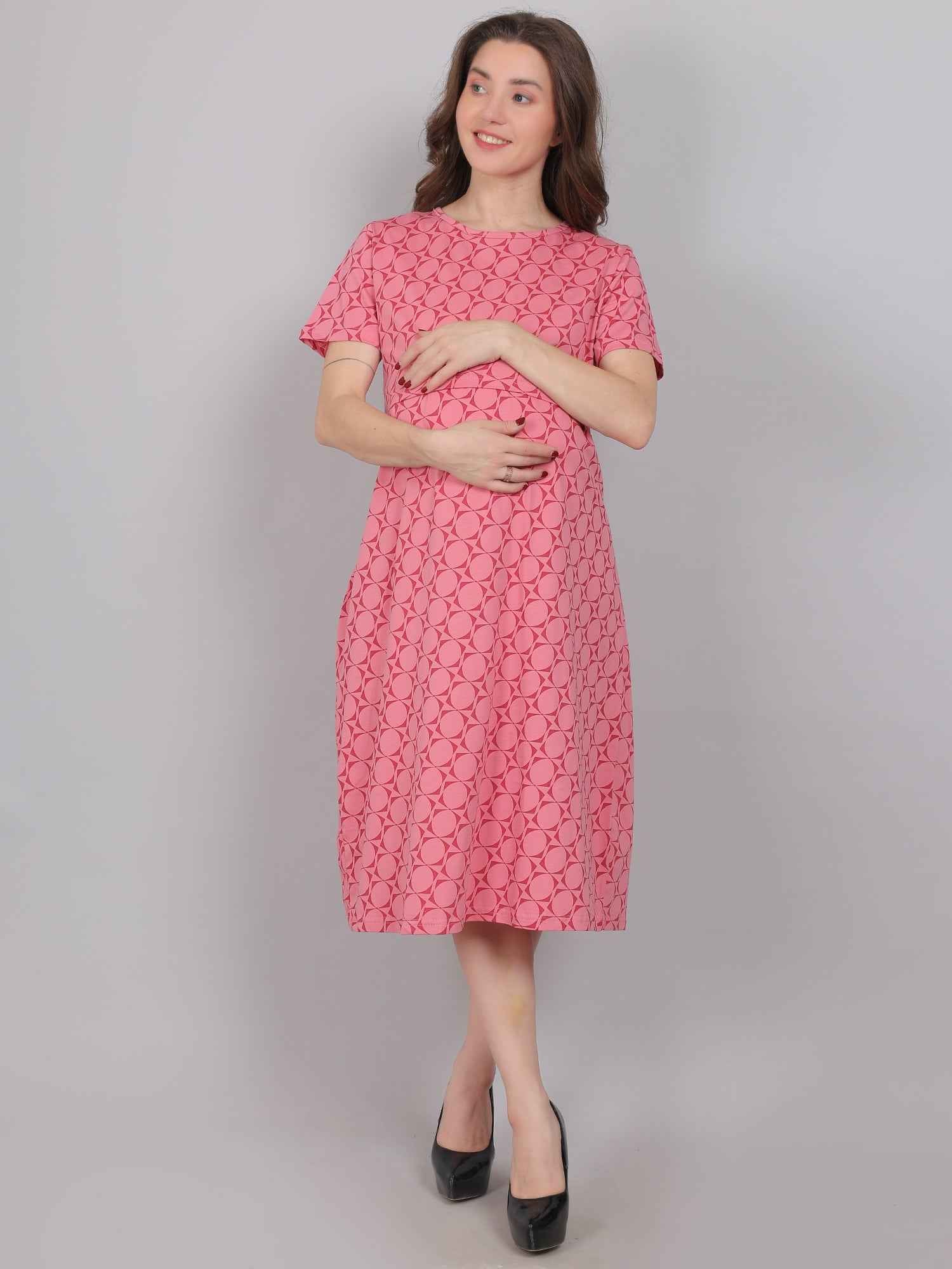 Pink Knitted Cotton Maternity Loungewear Dress