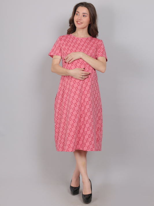 Pink-KnittedCotton-Maternity-Loungewear-Dress