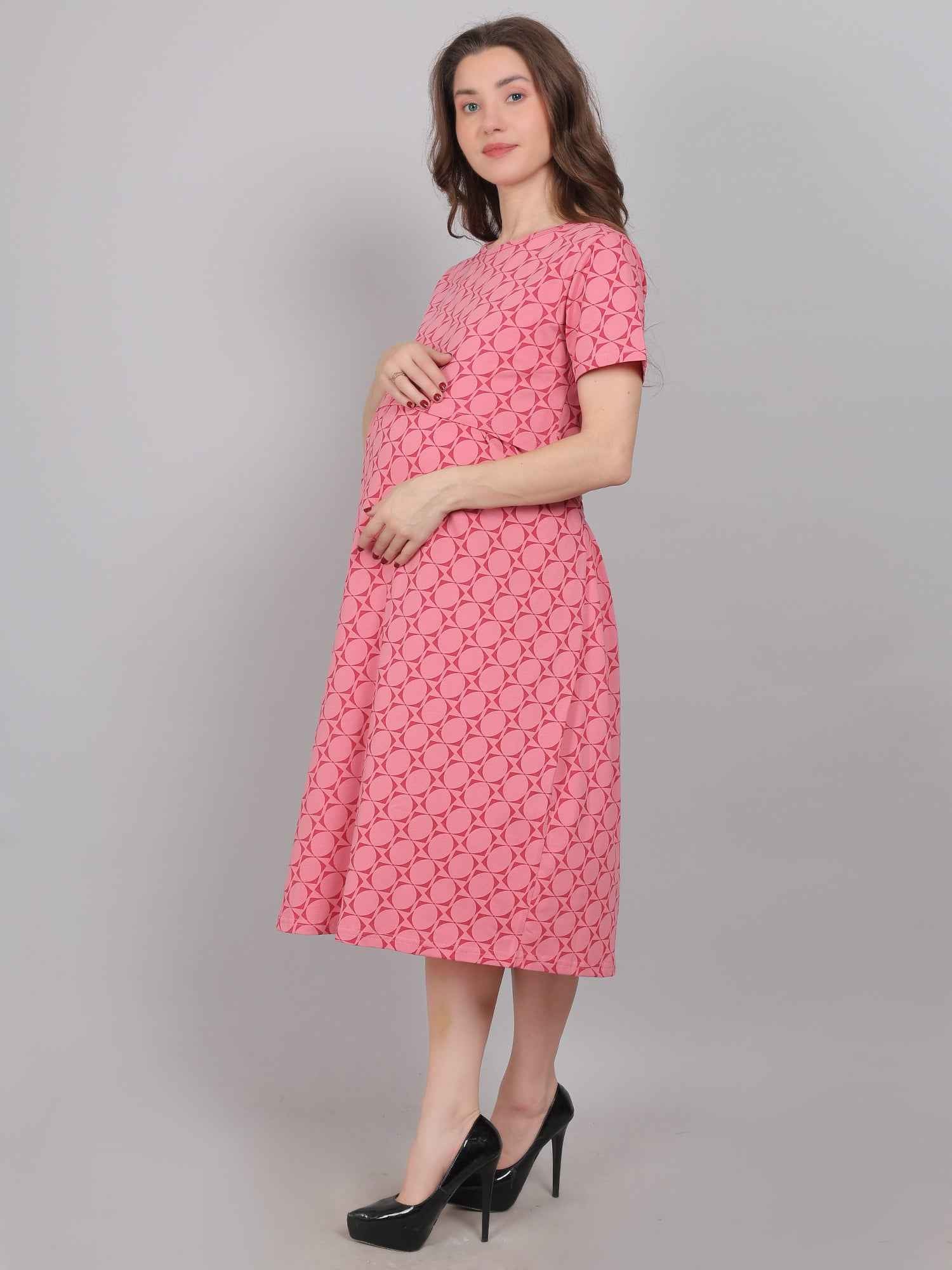 Pink Knitted Cotton Maternity Loungewear Dress