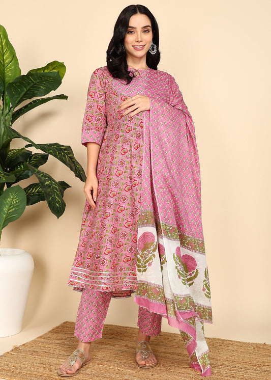 Pink-Maternity-Feeding-KurtaSet-Dupatta