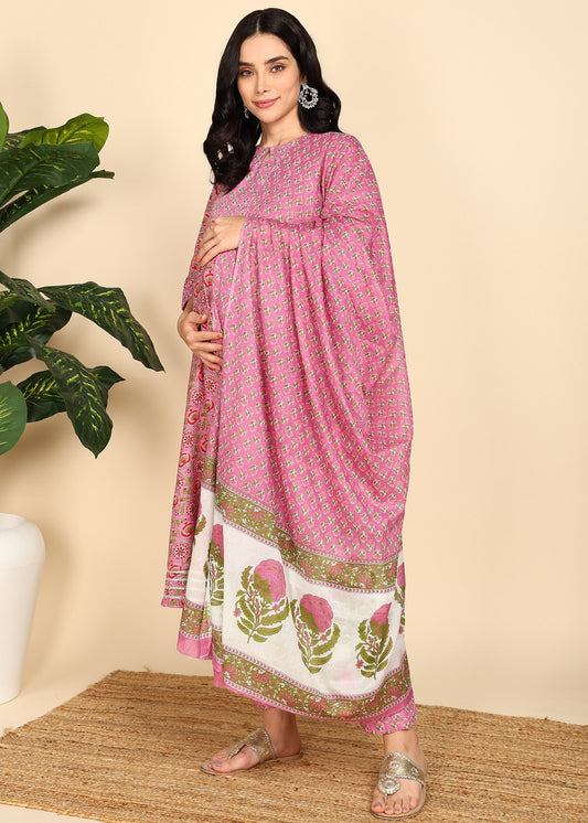 Pink-Maternity-Feeding-KurtaSet-Dupatta
