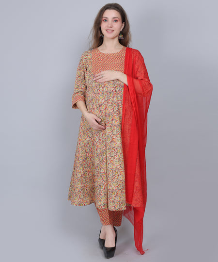 PureCotton-Red-Maternity-Feeding-KurtaSet-Dupatta