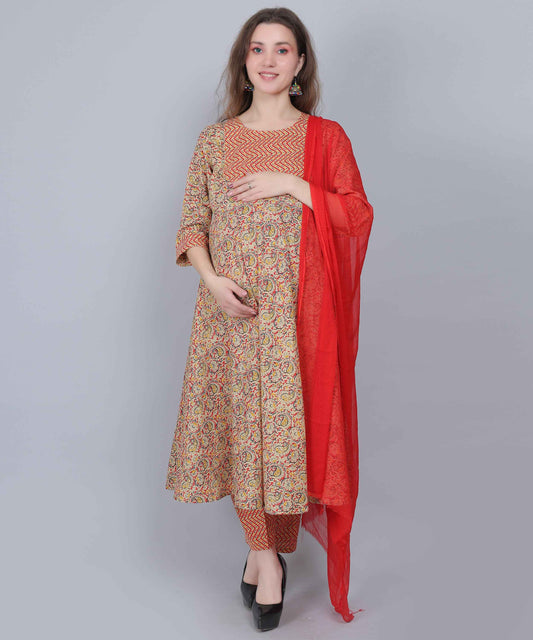 Pure Cotton Red Maternity and Feeding Kurta Set With Dupatta