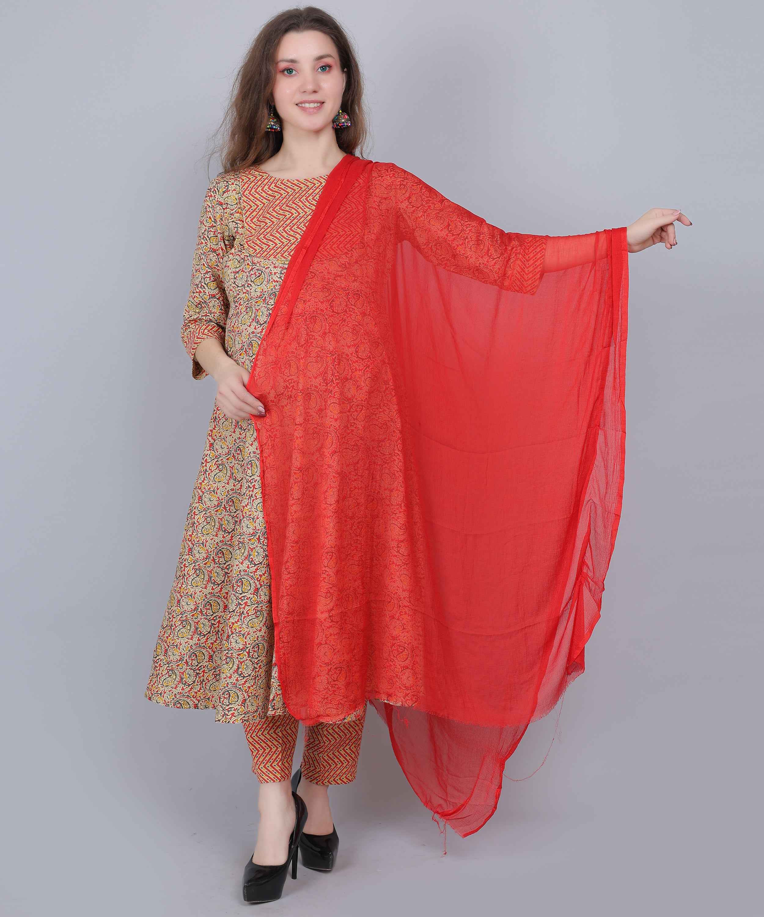 Pure Cotton Red Maternity and Feeding Kurta Set With Dupatta