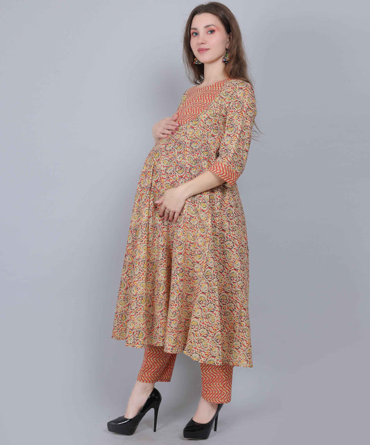 Pure Cotton Red Maternity and Feeding Kurta Set With Dupatta