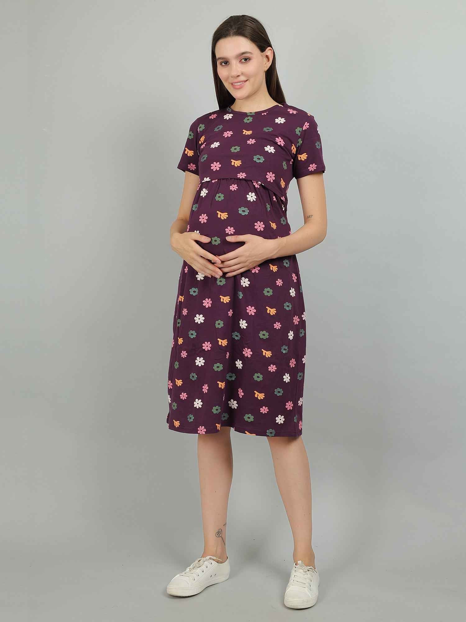 Purple Knitted Cotton Maternity Loungewear Dress