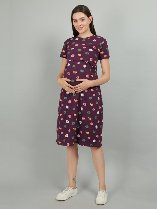 Purple-Floral-KnittedCotton-Maternity-Loungewear-Dress