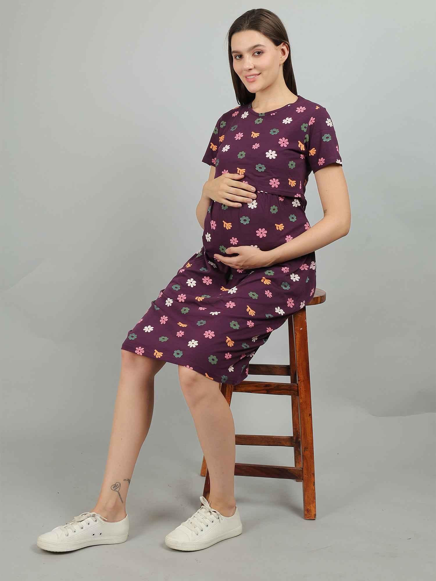 Purple Knitted Cotton Maternity Loungewear Dress