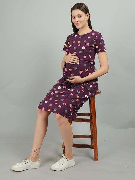 Purple-Floral-KnittedCotton-Maternity-Loungewear-Dress