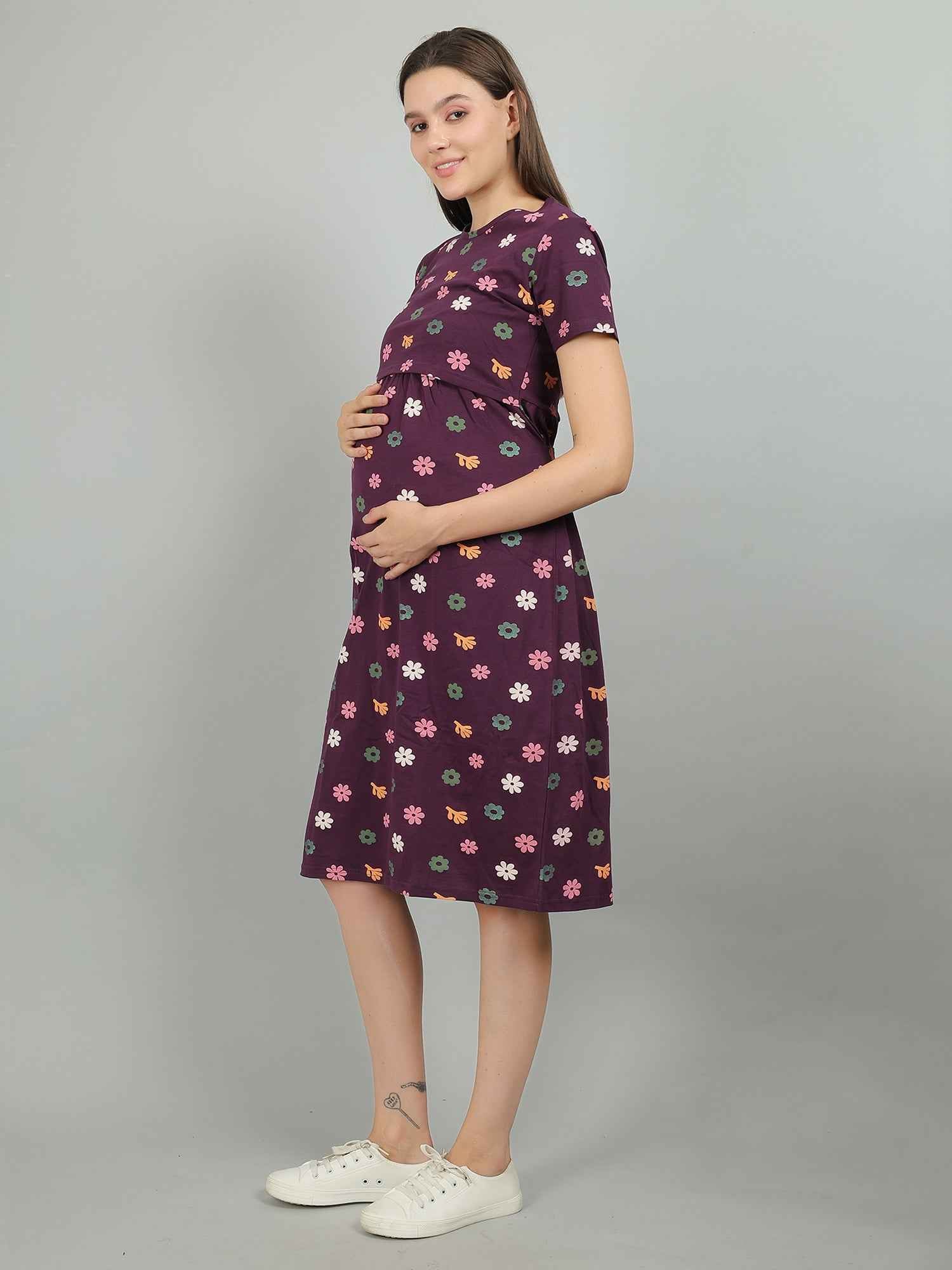 Purple Knitted Cotton Maternity Loungewear Dress