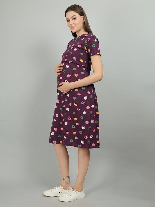 Purple-Floral-KnittedCotton-Maternity-Loungewear-Dress