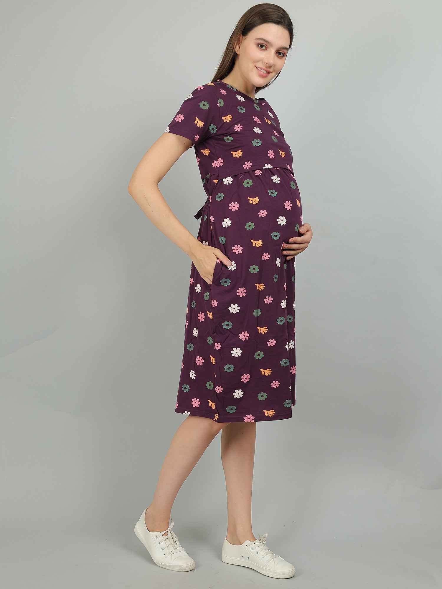 Purple Knitted Cotton Maternity Loungewear Dress