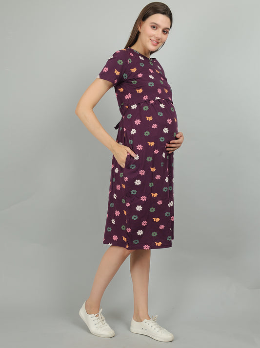 Purple-Floral-KnittedCotton-Maternity-Loungewear-Dress