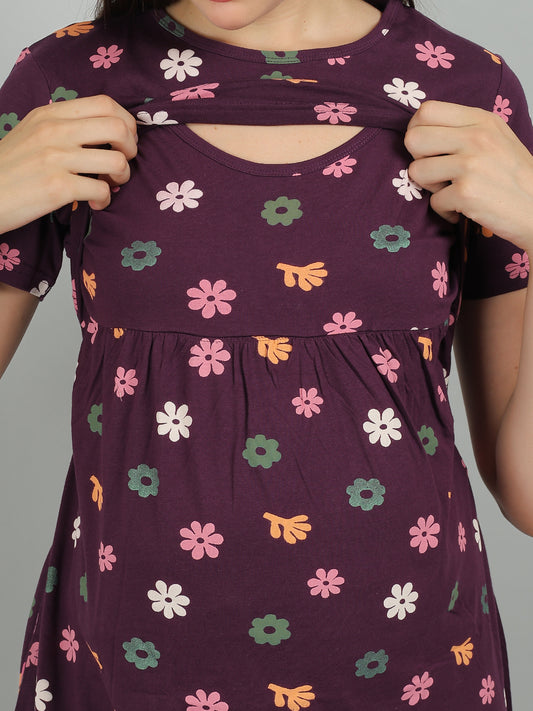 Purple-Floral-KnittedCotton-Maternity-Loungewear-Dress