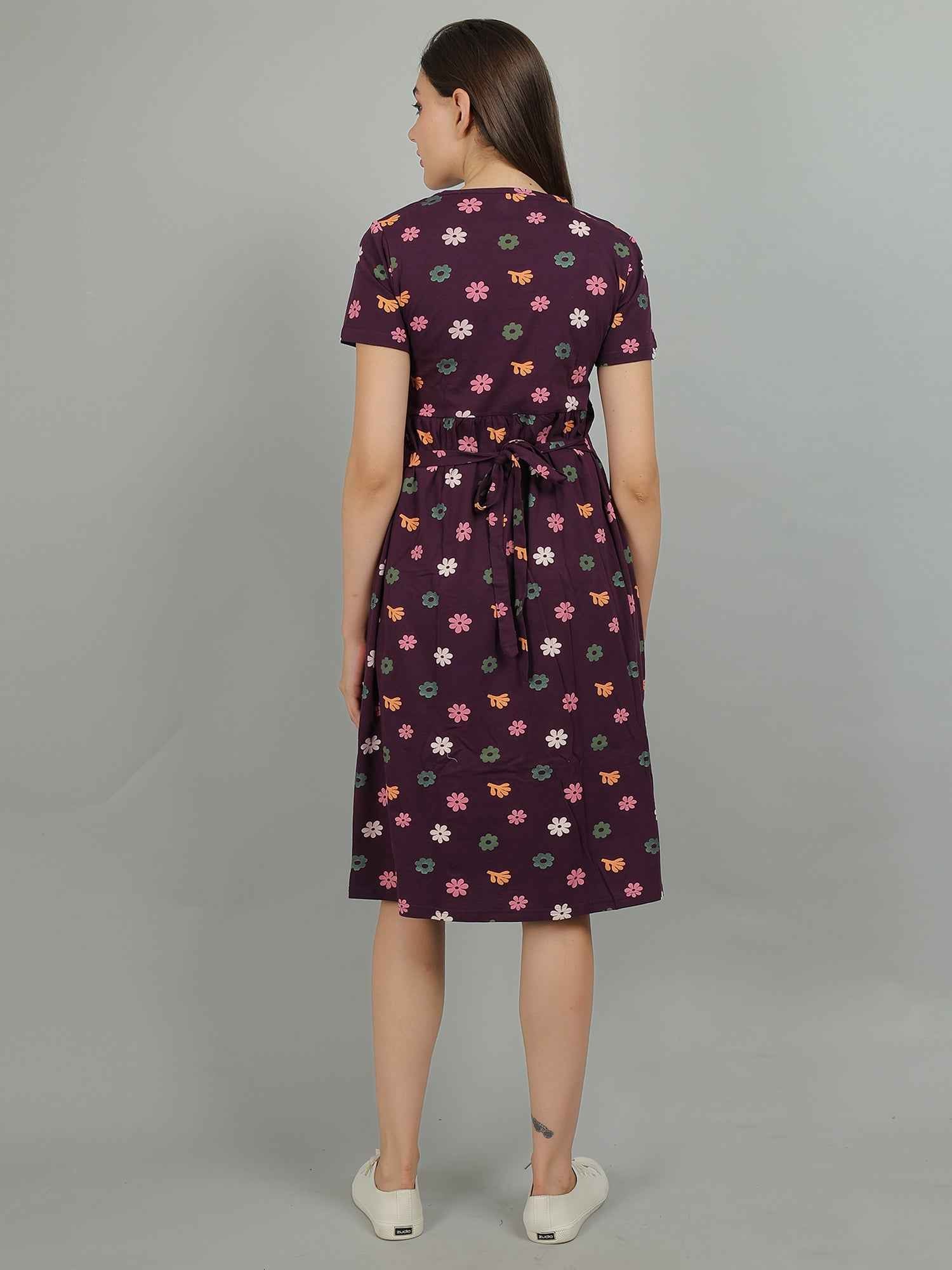 Purple Knitted Cotton Maternity Loungewear Dress