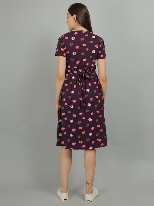 Purple-Floral-KnittedCotton-Maternity-Loungewear-Dress