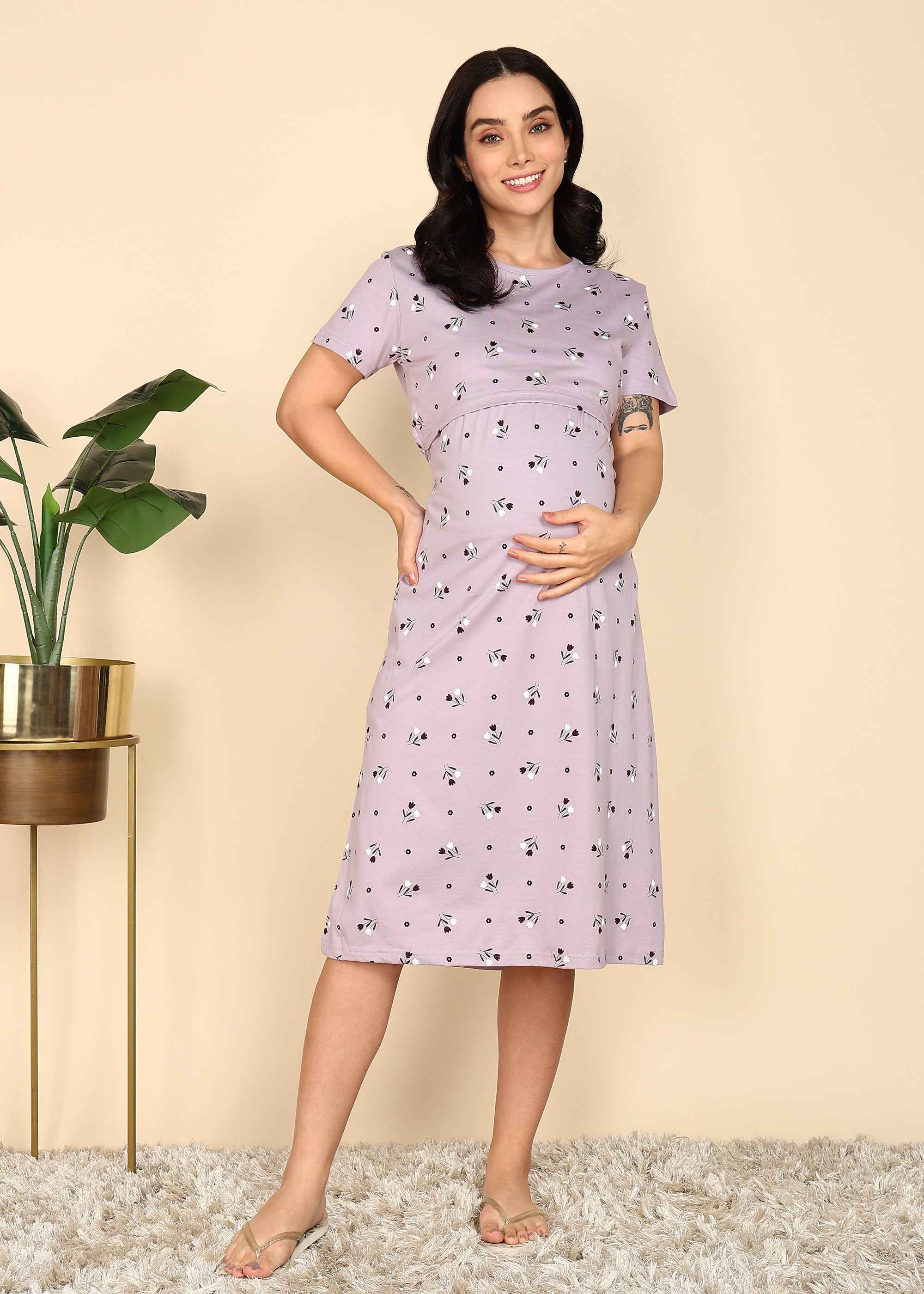 Purple Knitted Cotton Maternity Loungewear Dress
