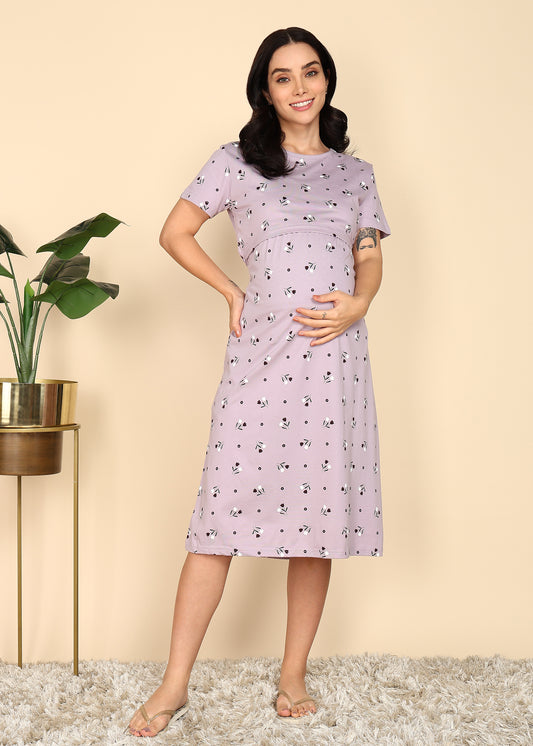 Purple-KnittedCotton-Maternity-Loungewear-Dress