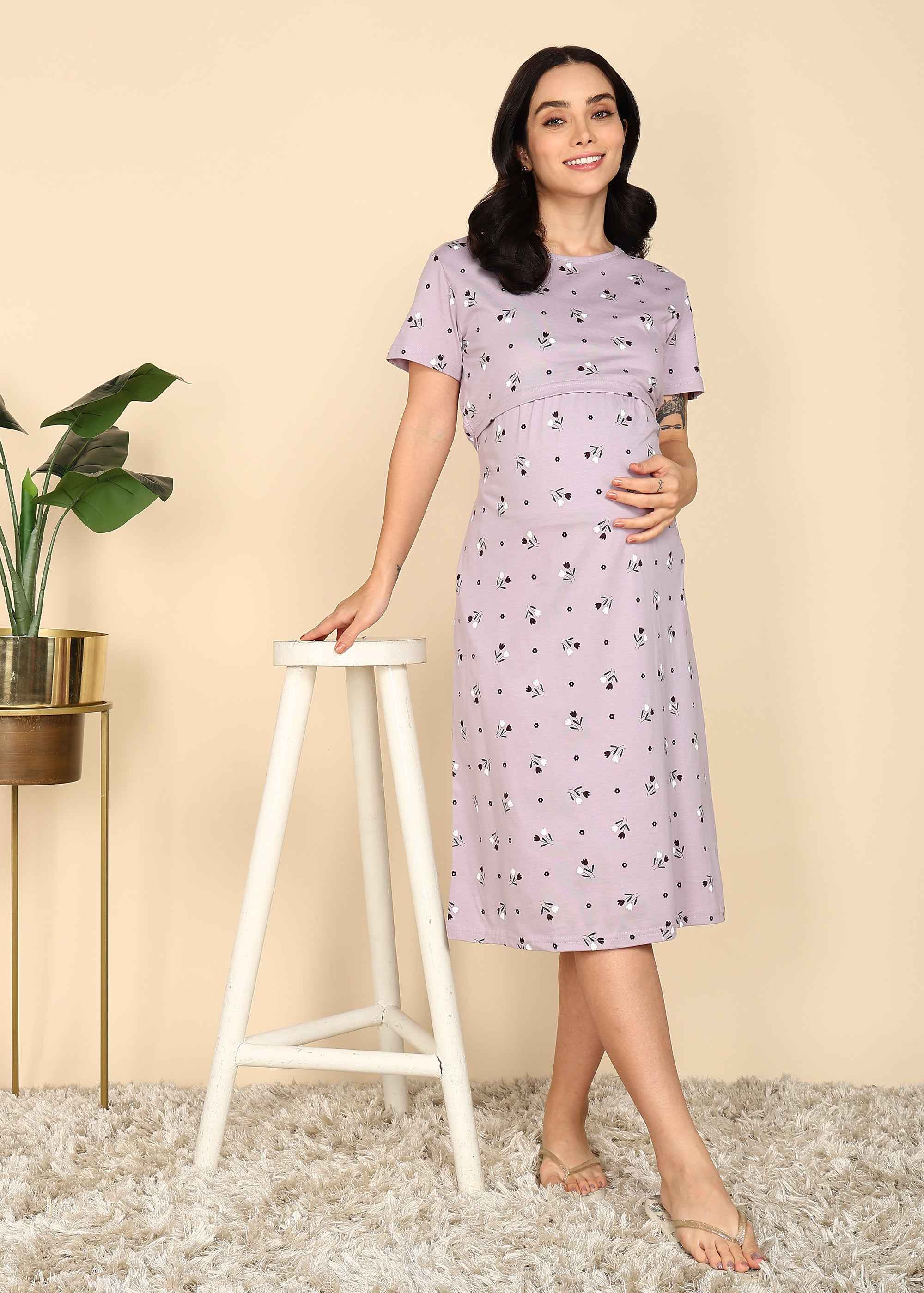 Purple Knitted Cotton Maternity Loungewear Dress