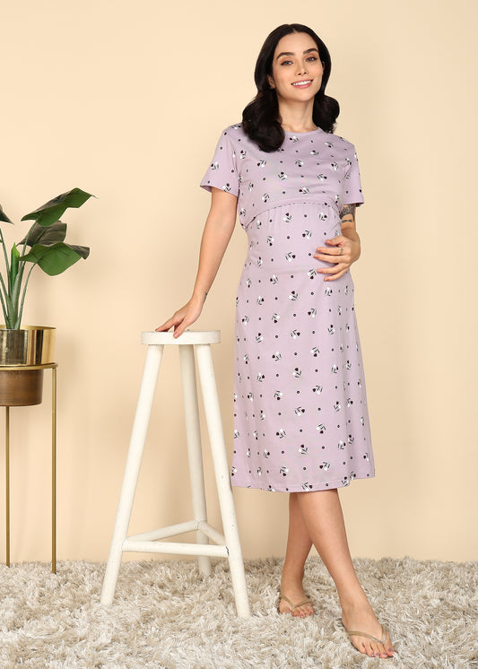 Purple-KnittedCotton-Maternity-Loungewear-Dress