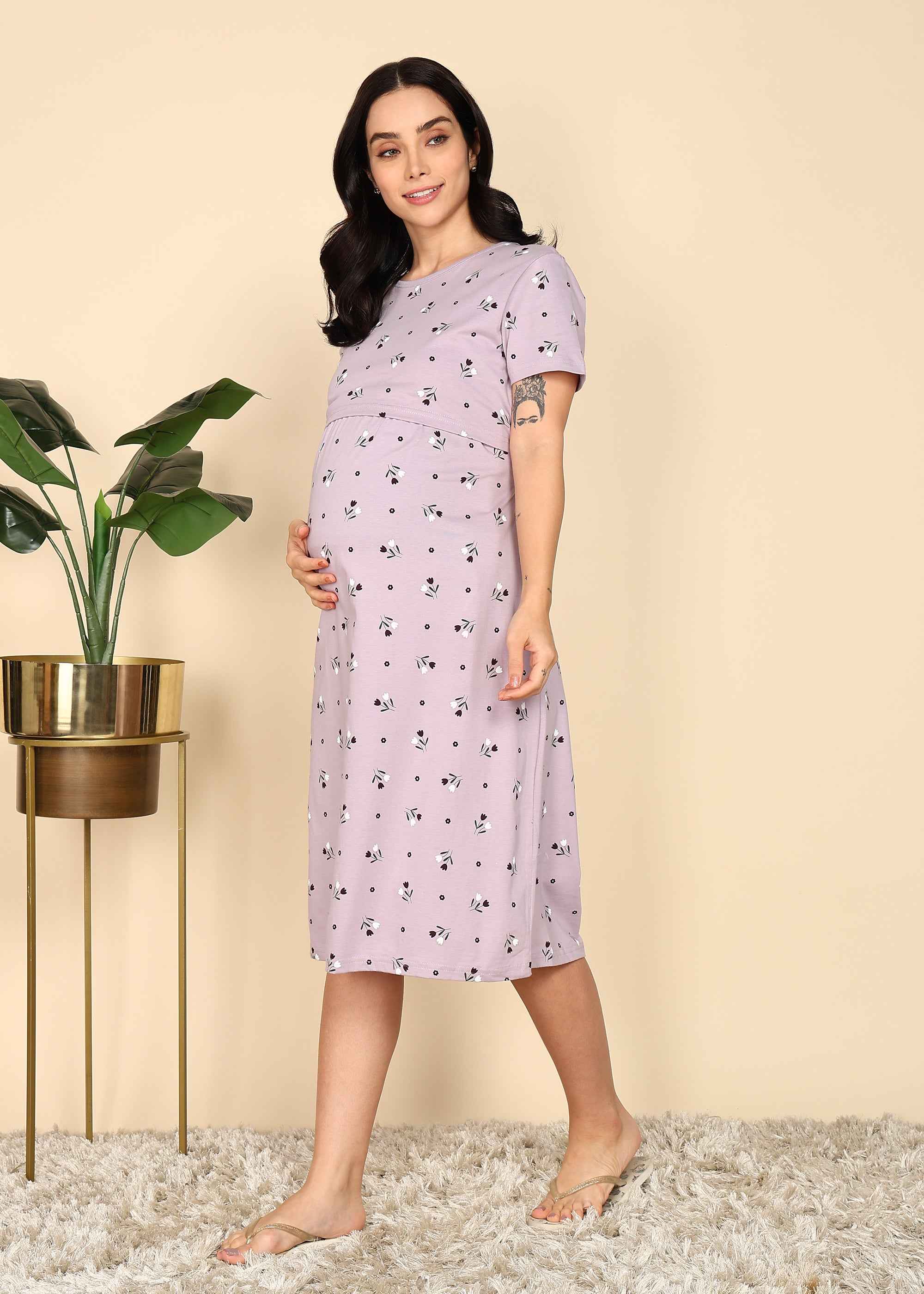 Purple Knitted Cotton Maternity Loungewear Dress
